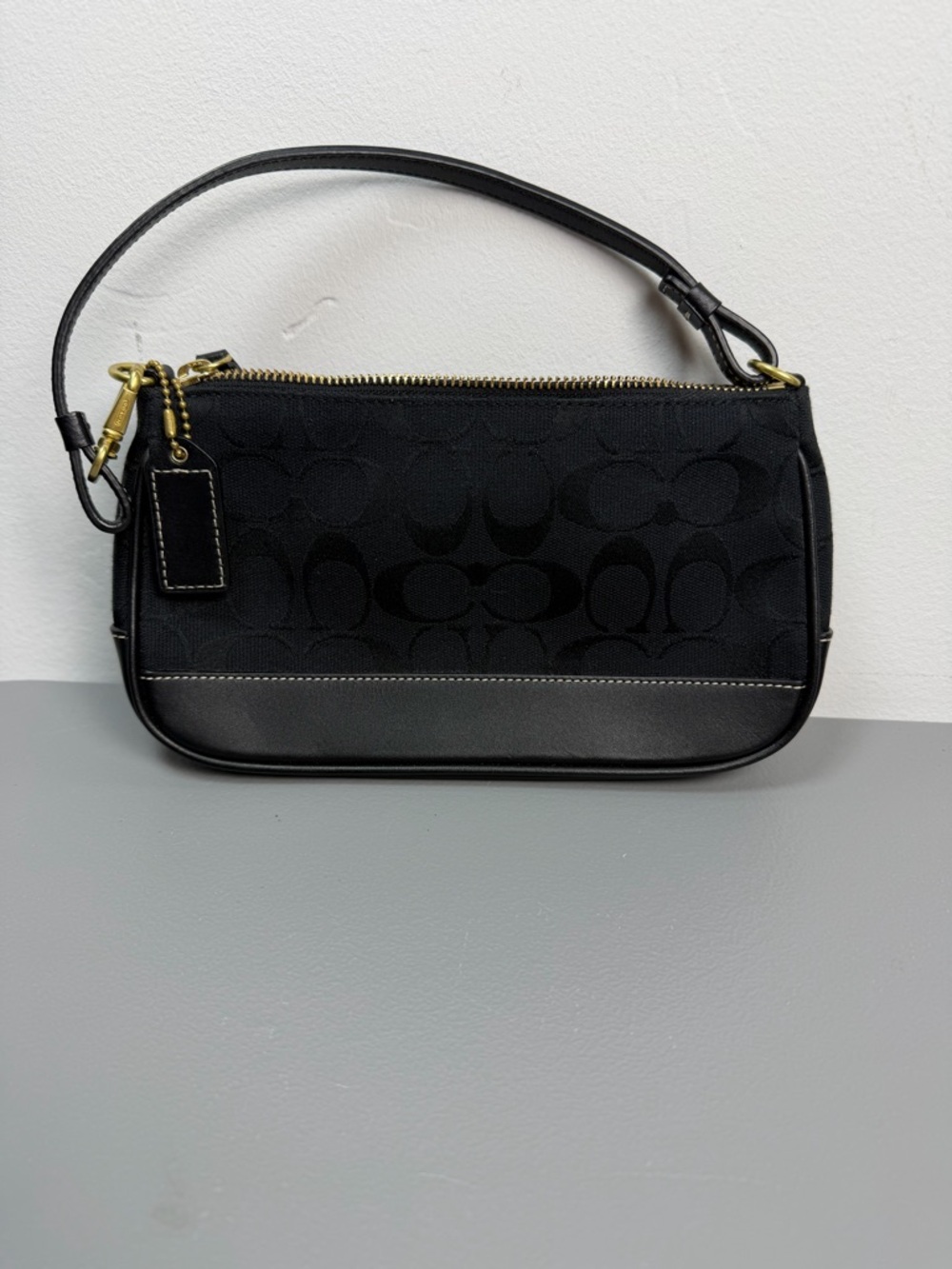 Coach Demi Signature Jacquard Mini Shoulder Black Bag Leather Trim Y2k Purse EUC